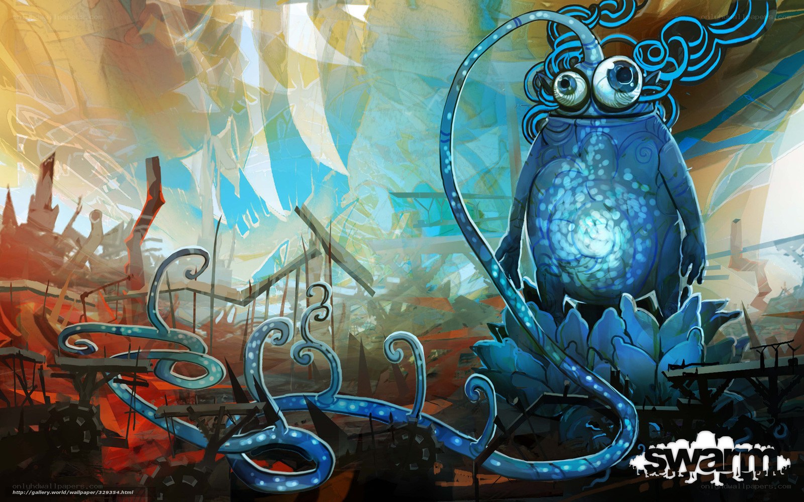 Blue creature in a ruined landscape