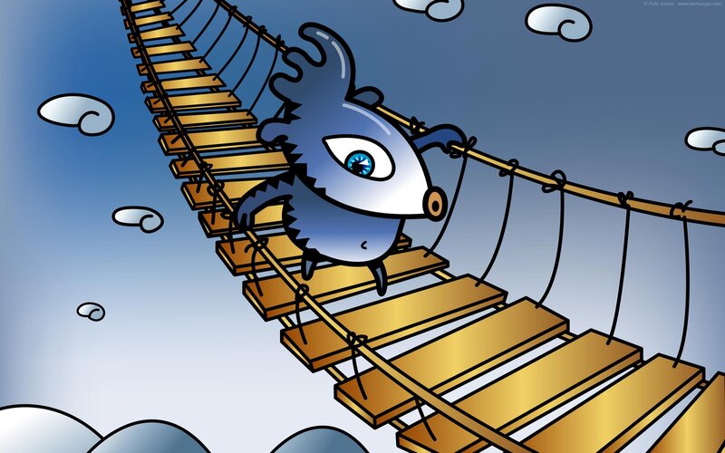 blue creature on a bridge