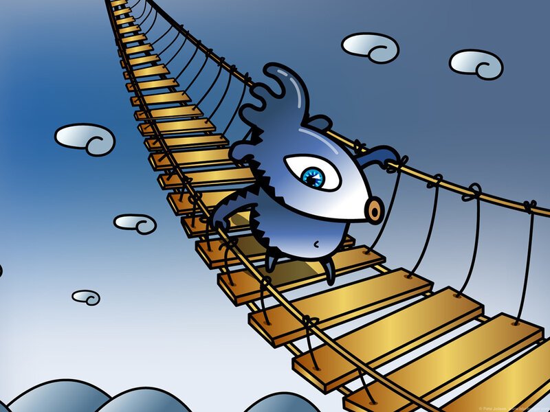 Blue creature on rope bridge