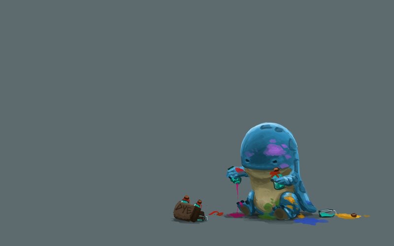 blue creature with dye bottles