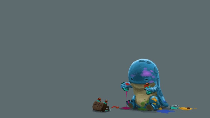 Blue Creature with Dye Bottles — Playful, Digital Art