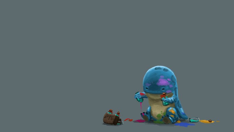 Blue Creature with Dye Bottles — Playful