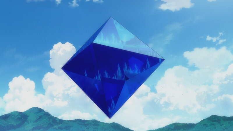 blue crystal floating in sky