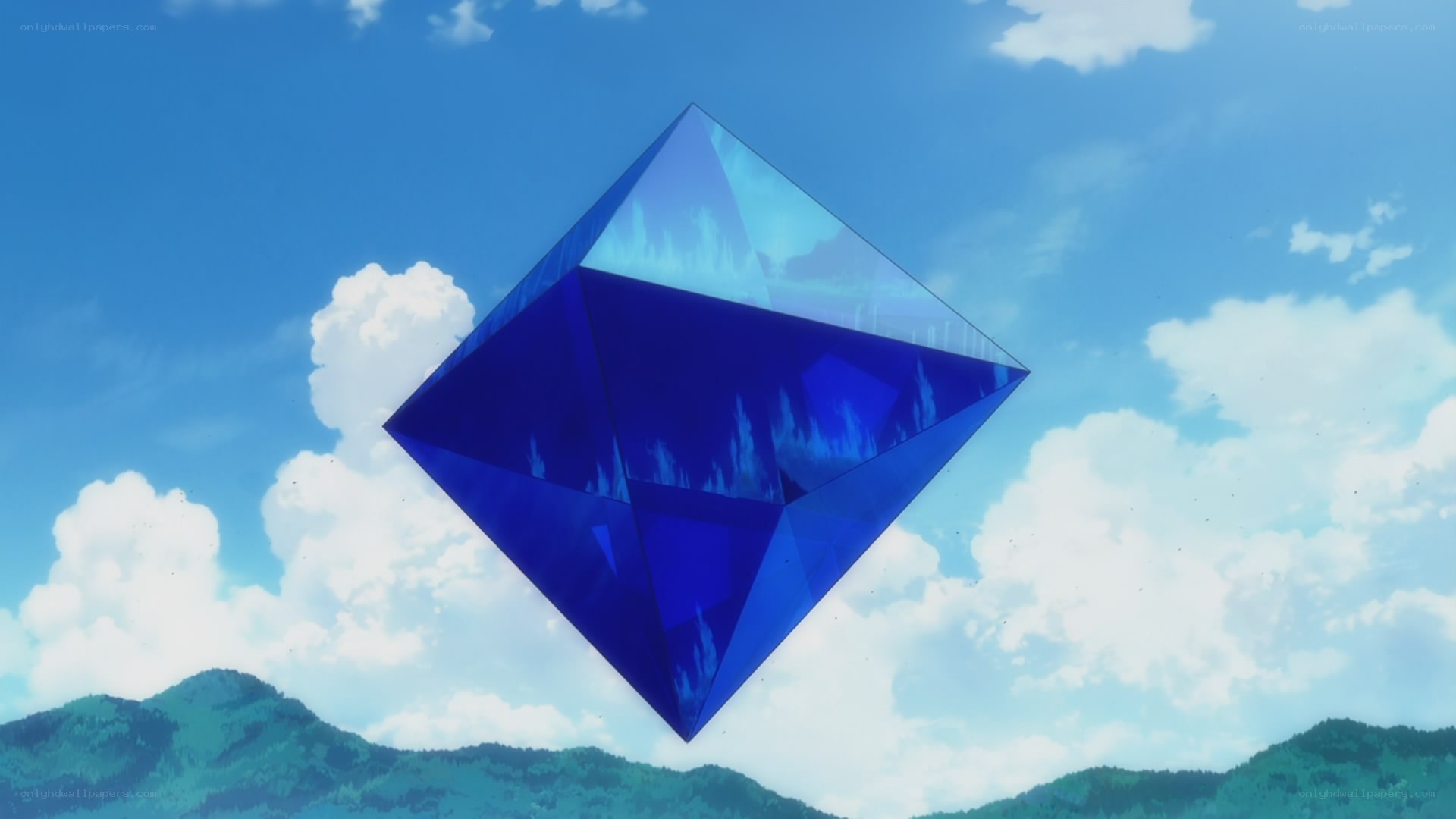 blue crystal floating in sky