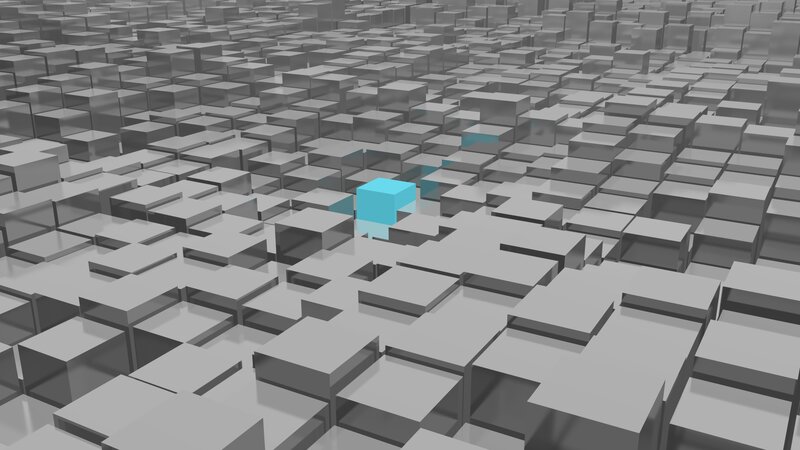 Blue Cube in Gray Grid — Neutral