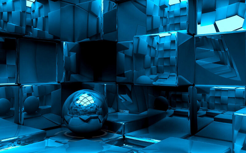 blue cube maze with reflective sphere