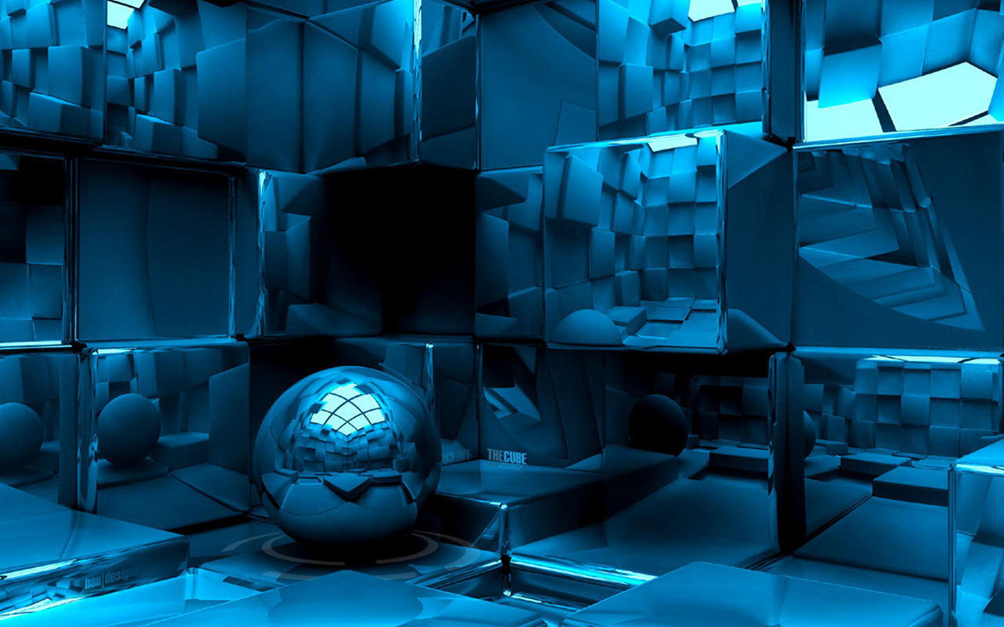 blue cube maze with reflective sphere