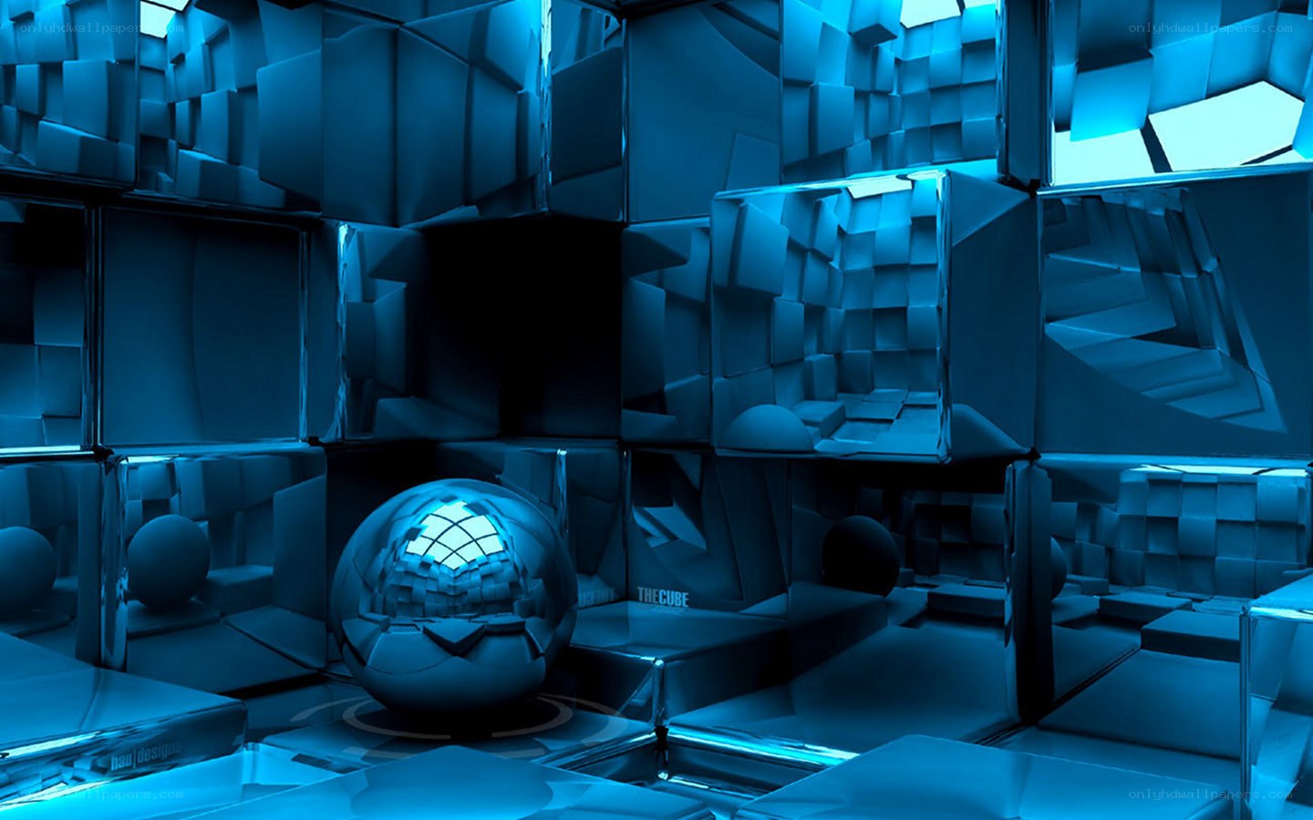 blue cube maze with reflective sphere