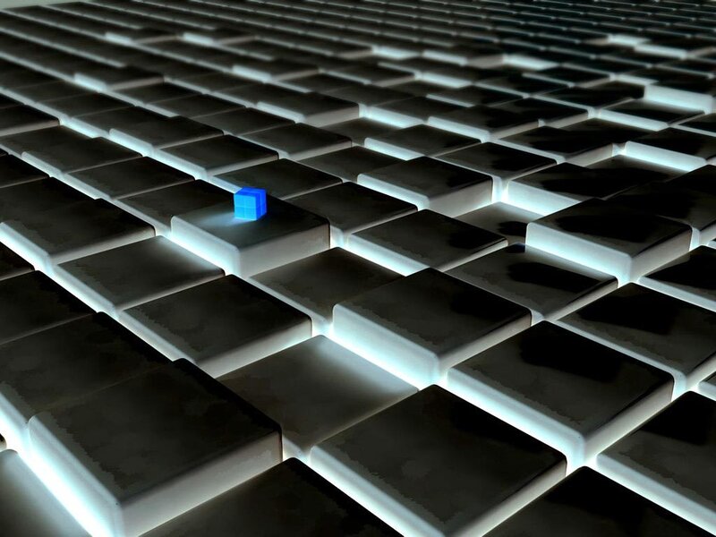 blue cube on tiled surface