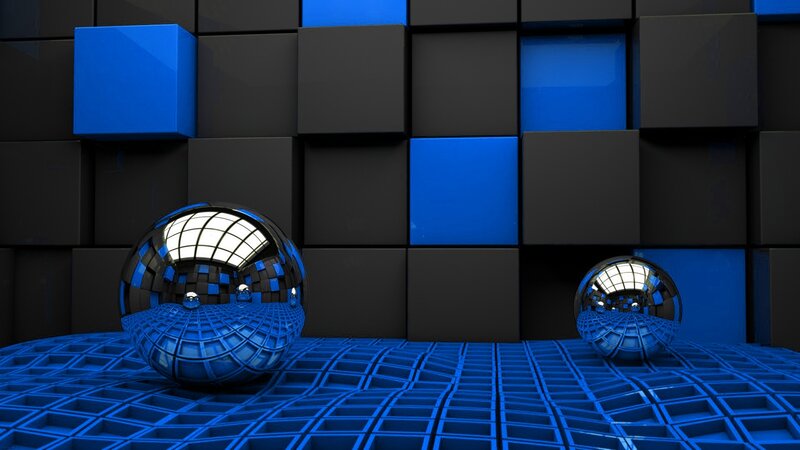Blue cubes and reflective spheres