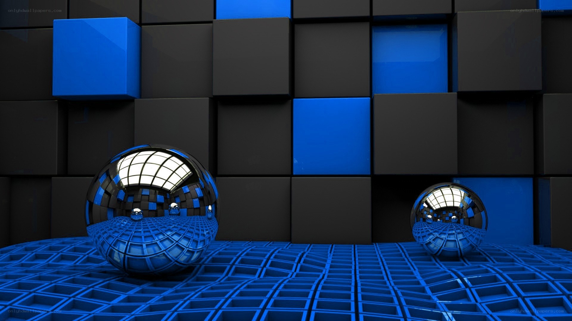 Blue cubes and reflective spheres