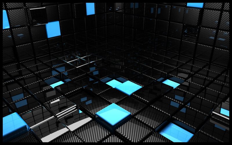 Blue Cubes in Black Grid — Dark, 3d Render, Light