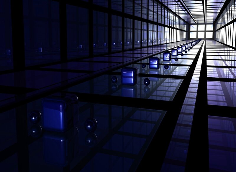 Blue Cubes in Corridor — Dark