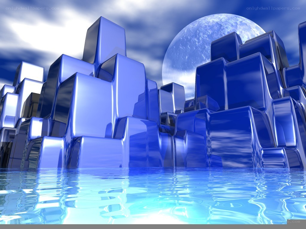 Blue cubes on water under moon