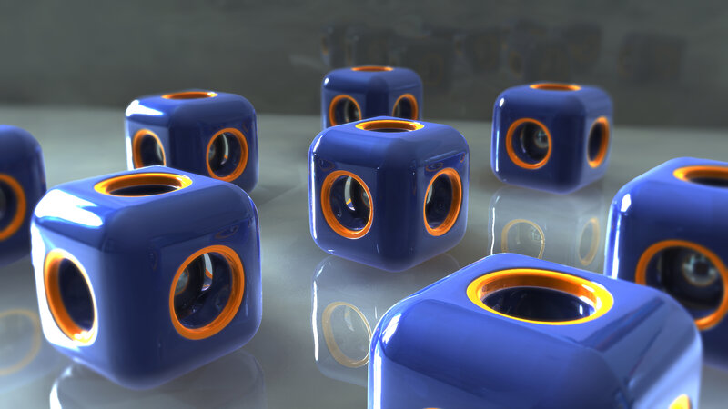 Blue cubes with orange rings