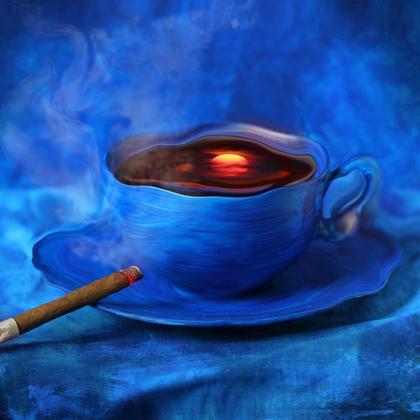 Blue cup with steaming liquid