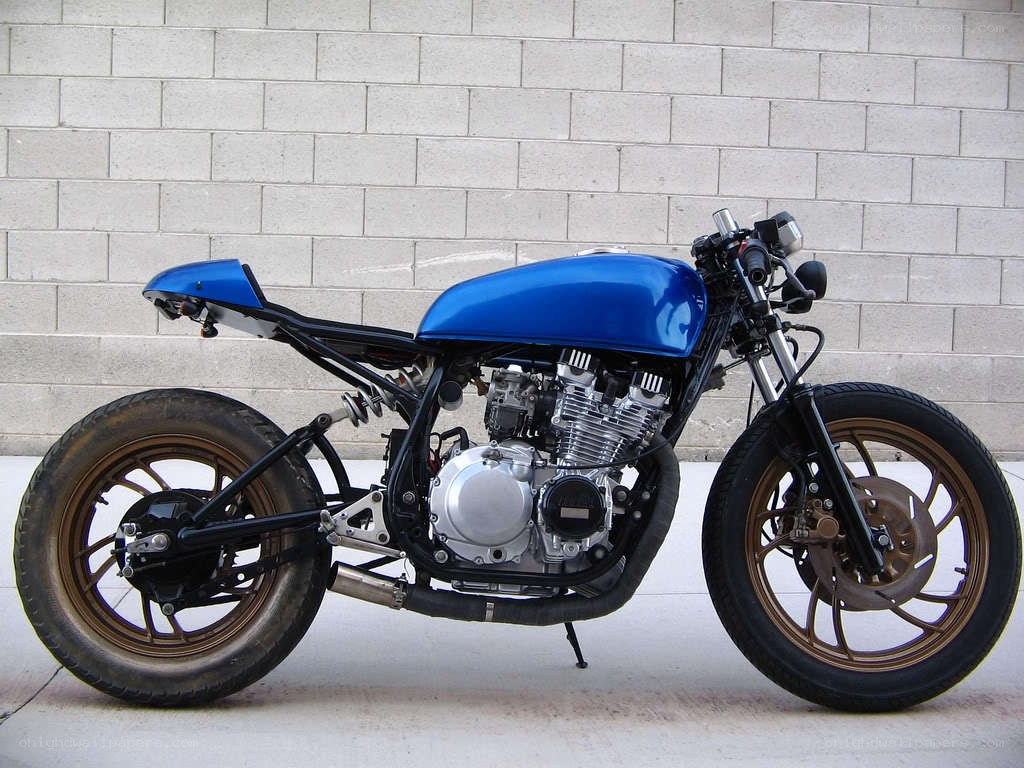 blue custom cafe racer motorcycle
