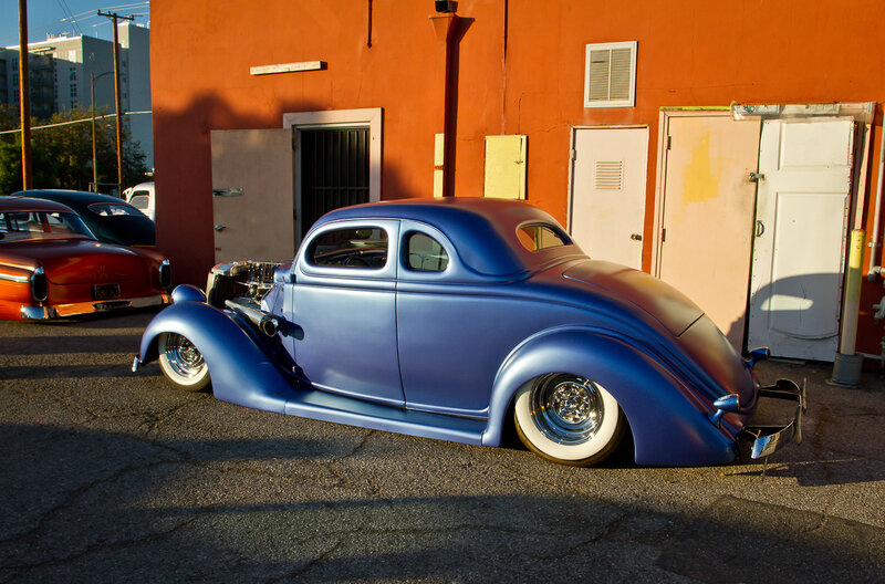 Blue Custom Car — Dramatic, Sunset