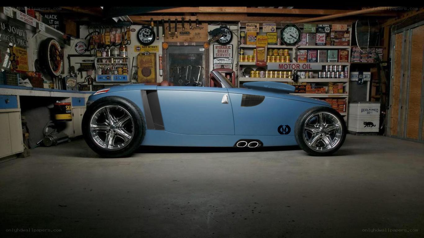 Blue custom car in garage