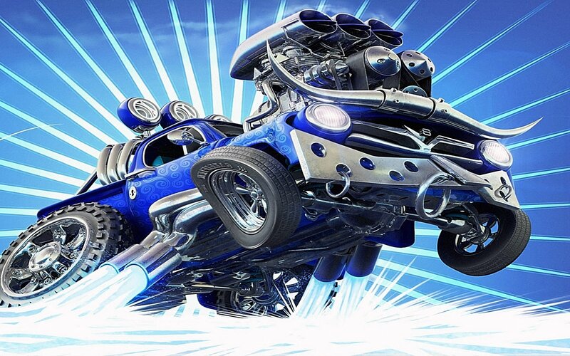blue custom car in motion