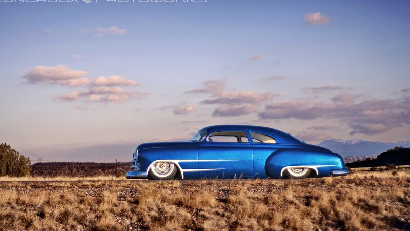 Blue Custom Car — Serene, Sunset, Photograph, Field