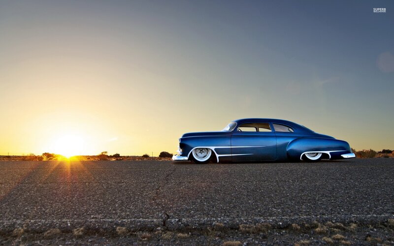 Blue Custom Car — Serene, Sunset, Photograph, Road