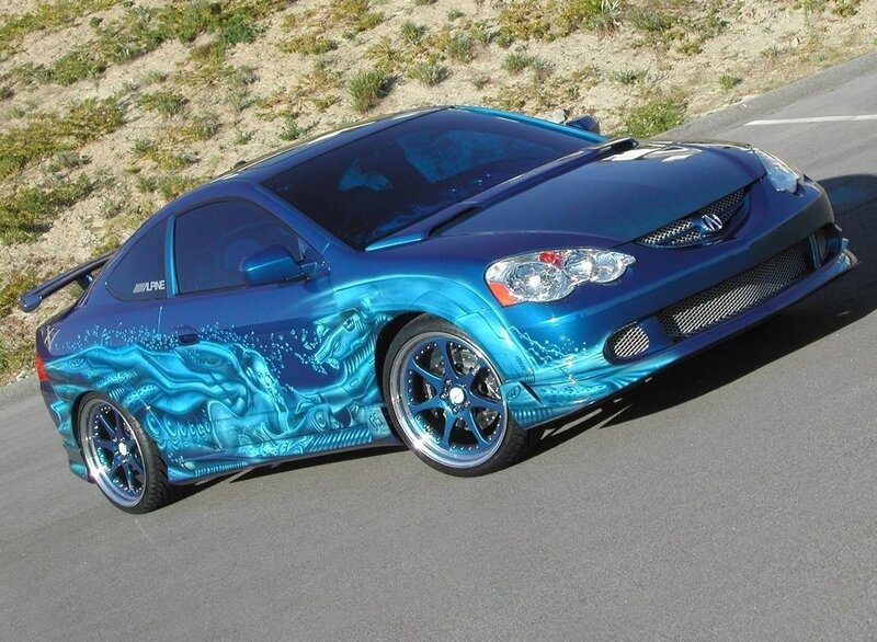 blue custom car with water design