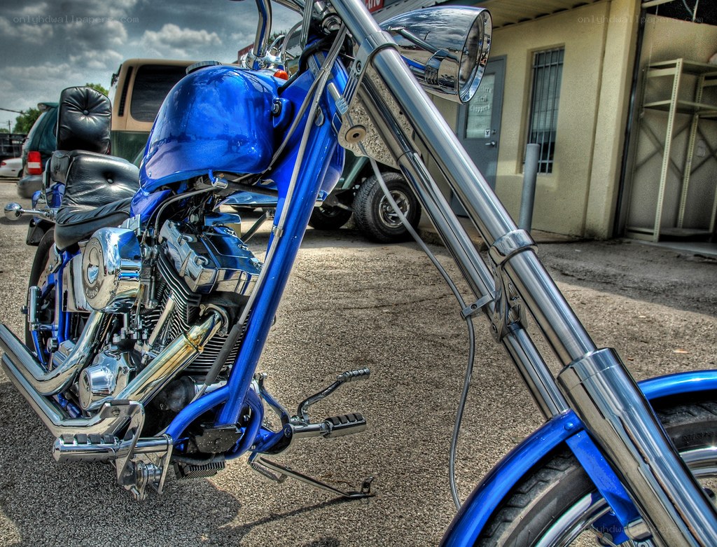 blue custom chopper motorcycle