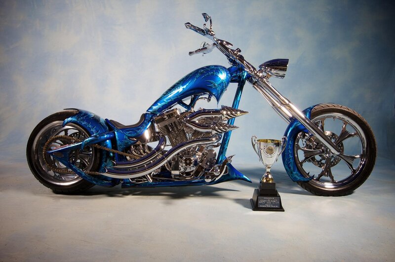 Blue custom chopper motorcycle