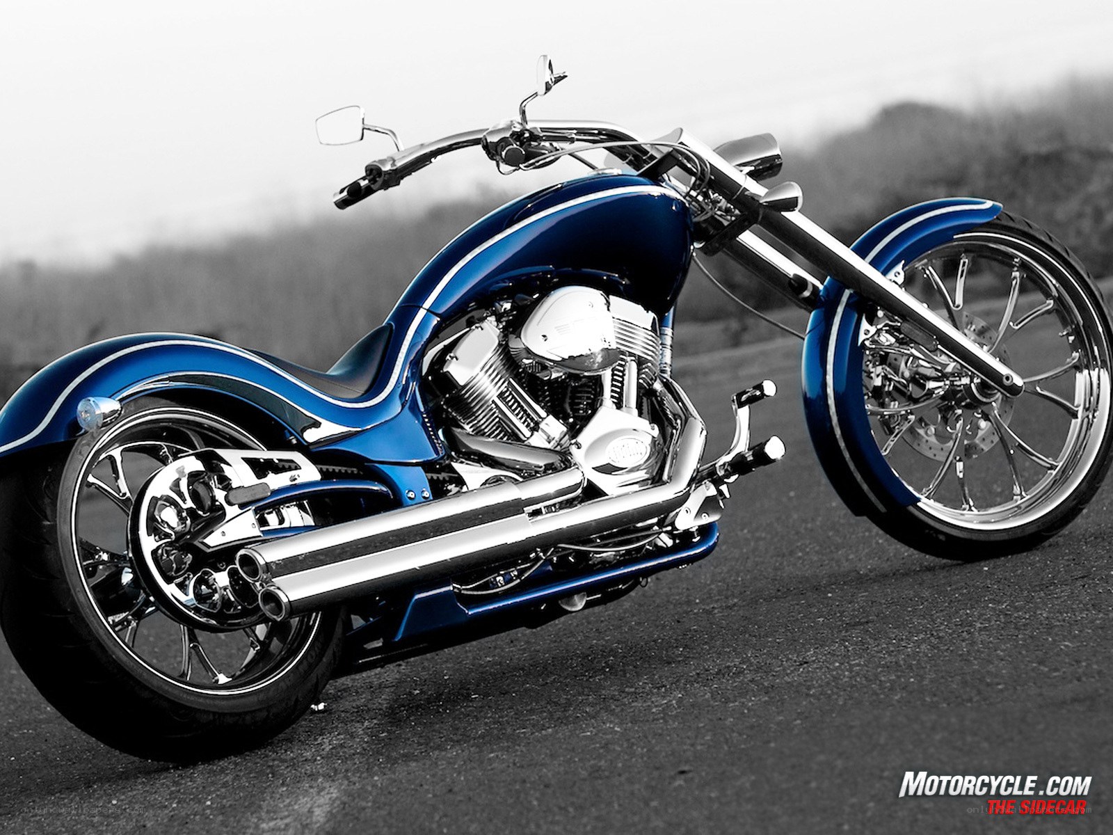 blue custom chopper motorcycle