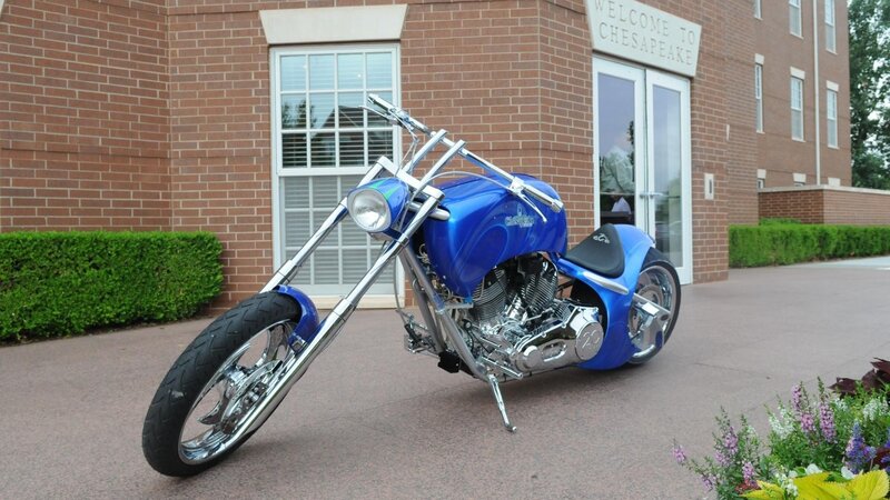 Blue Custom Chopper Motorcycle — Calm, Afternoon