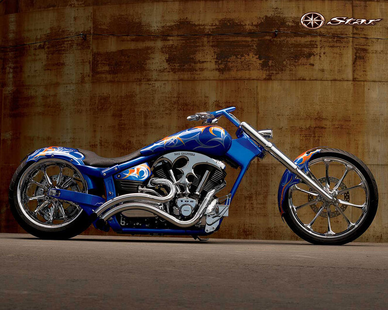 Blue Custom Chopper Motorcycle — Dramatic, Photograph