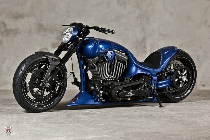 Blue Custom Chopper Motorcycle — Dramatic