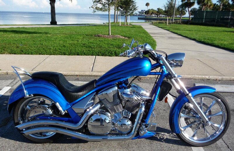 Blue Custom Chopper Motorcycle — Serene