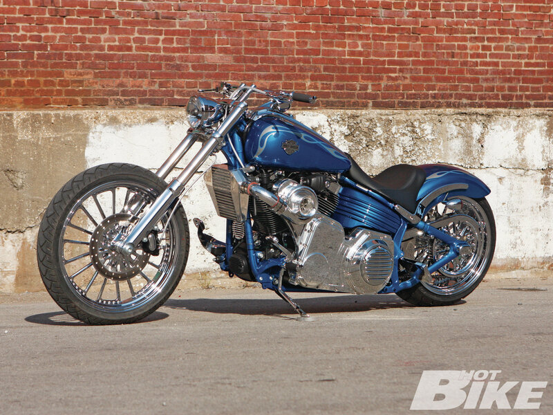 Blue Custom Chopper Motorcycle — Static