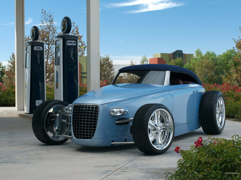 Blue custom hot rod at gas station