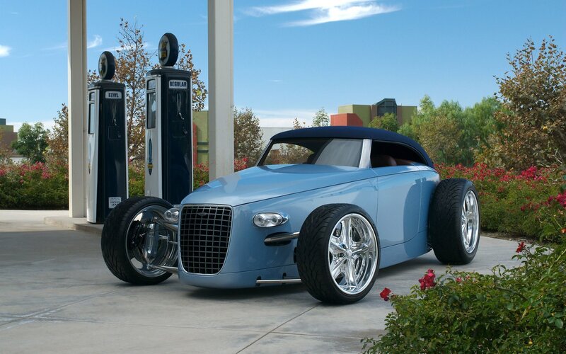 Blue custom hot rod at gas station