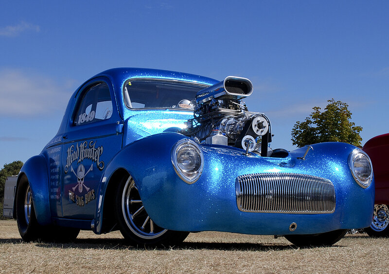 Blue Custom Hot Rod — Dramatic, Afternoon, Photograph, Engine