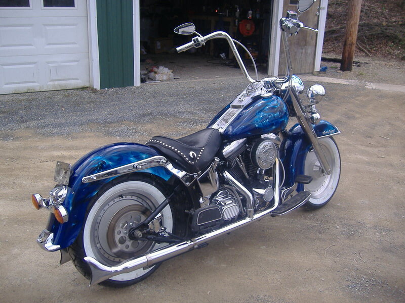 Blue Custom Motorcycle — Calm, Photograph, Garage