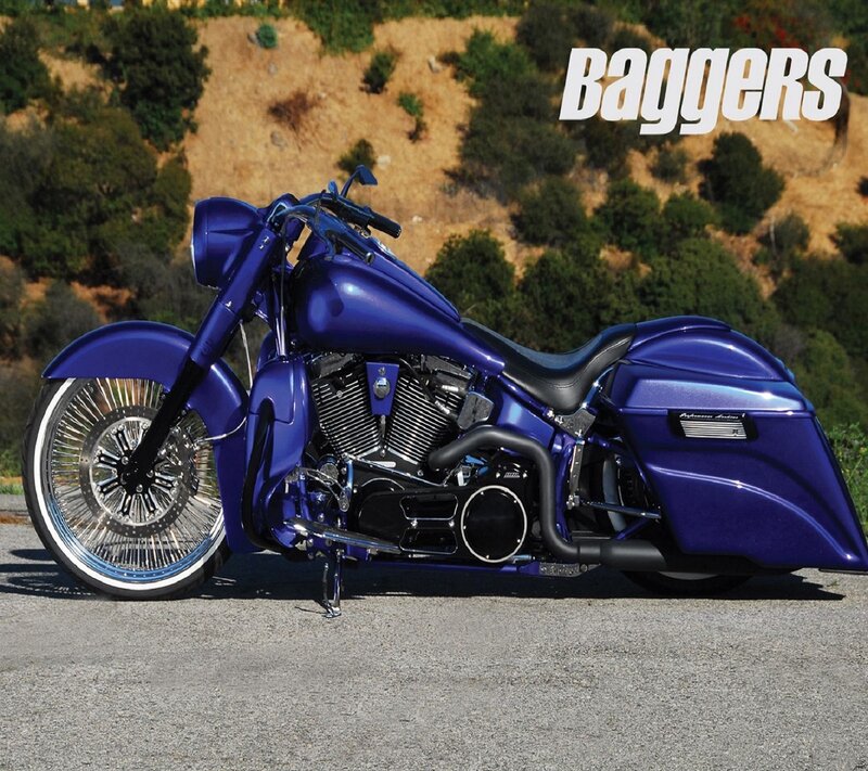 Blue Custom Motorcycle — Dramatic, Afternoon, Photograph, Saddlebags