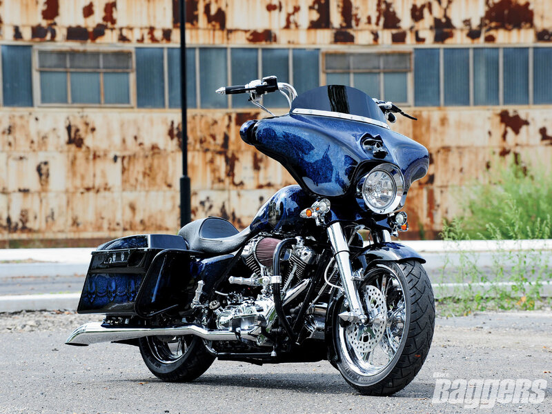 Blue Custom Motorcycle — Dramatic, Afternoon