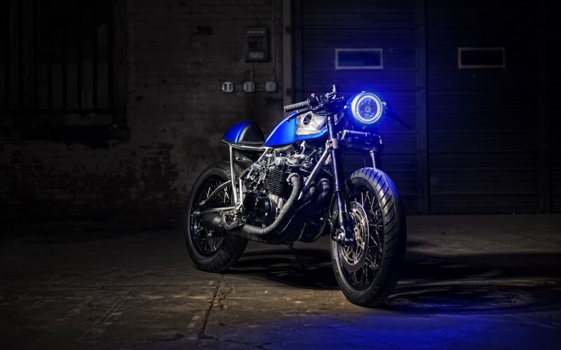 Blue Custom Motorcycle — Dramatic, Night, Photograph, Garage