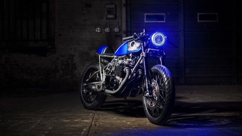 Blue Custom Motorcycle — Dramatic, Night, Photograph, Headlight