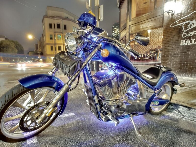 Blue Custom Motorcycle — Dramatic, Night, Photograph