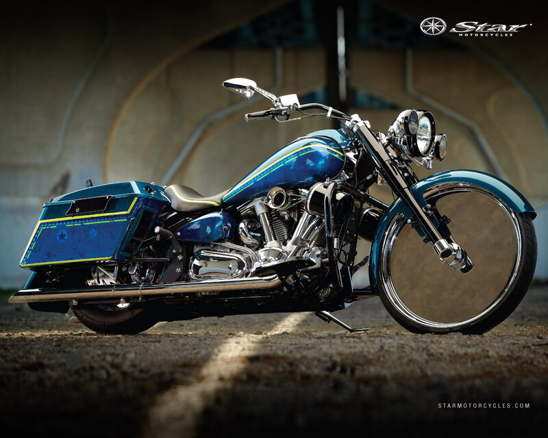 Blue Custom Motorcycle — Dramatic, Photograph, Saddlebags, Chrome Exhaust