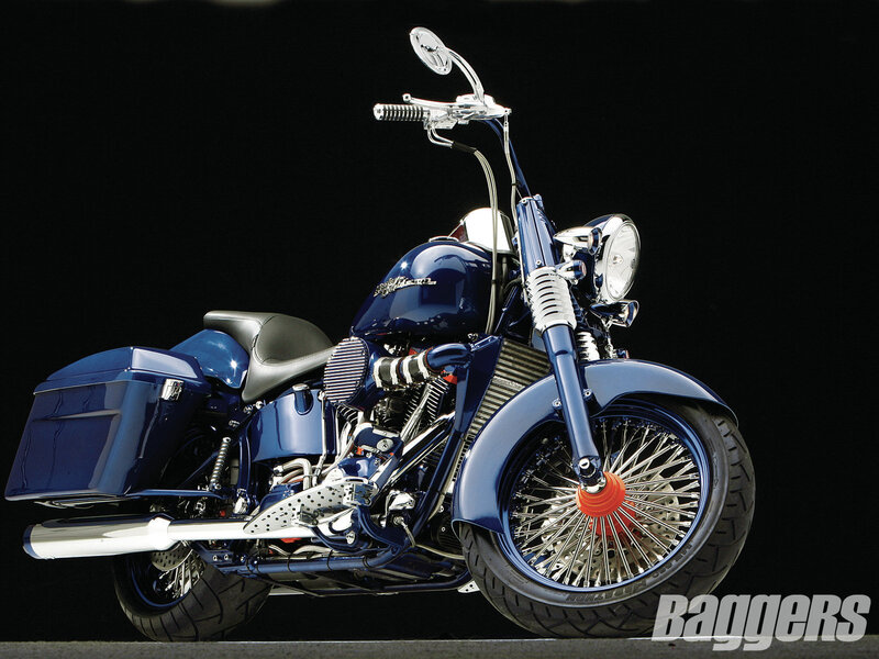 Blue Custom Motorcycle — Dramatic, Photograph, Saddlebags