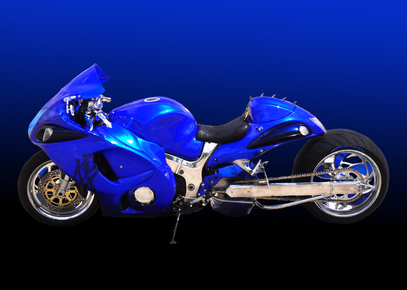 Blue Custom Motorcycle — Dramatic, Photograph, Spikes