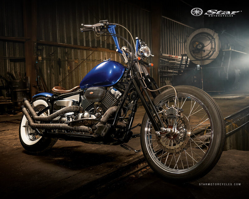 Blue Custom Motorcycle — Dramatic, Photograph, Workshop
