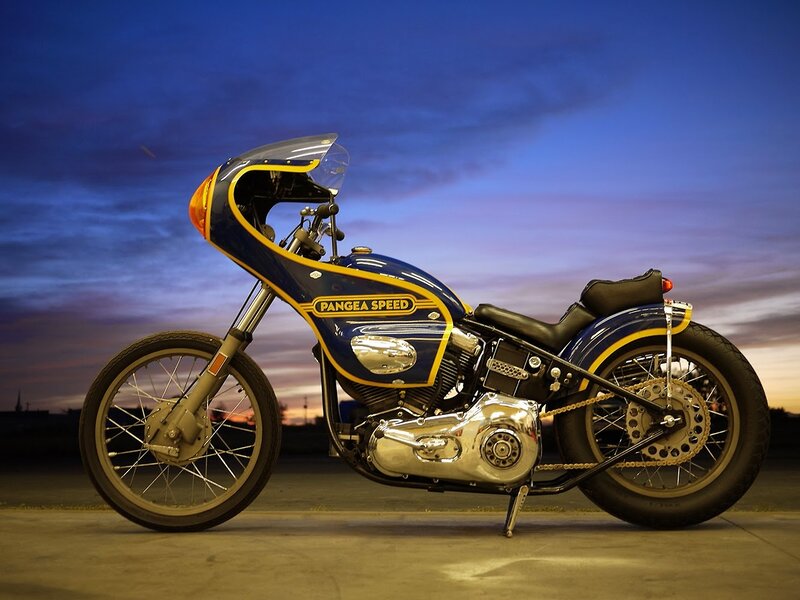 Blue Custom Motorcycle — Dramatic, Sunset