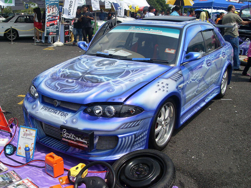 Blue custom-painted car at show